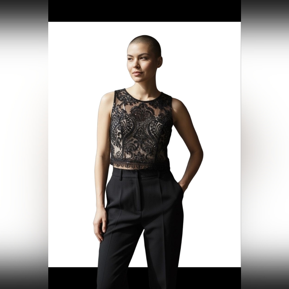 Love Reign Black and Cream Lace Sequin Cropped Bustier Blouse Juniors 7 Lolita